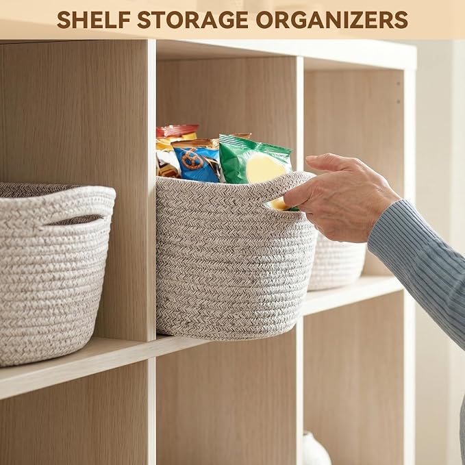 10 Pack Khaki Small Woven Baskets for Organizing, 12"x8"x5" Cotton Rope Storage Bins with Handle, Empty Gift Basket Kit for Baby Shower, Nursery, Shelf, Bathroom & Closet Organizing - Image 6