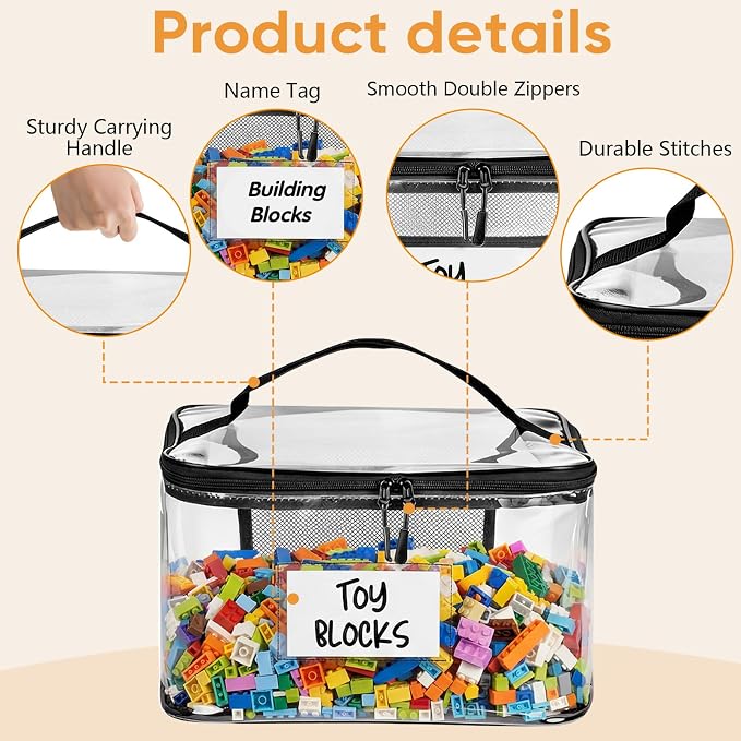 Clear Toy Storage Bags, 10-Pack PVC Organizer Bags with Labels | Reusable PVC bags with zipper, label and manual pockets for blocks, board games, puzzles, books, classrooms and travel - Image 4