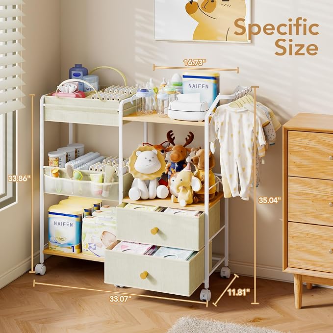 BBLIKE Diaper Caddy Organizer with Hanging Rack - 3 Tier Rolling Baby Storage Cart with Drawers and Side Pockets for Newborn Diaper Organization for Nursery, Crib, Bedroom, Changing Table, Beige - Image 6