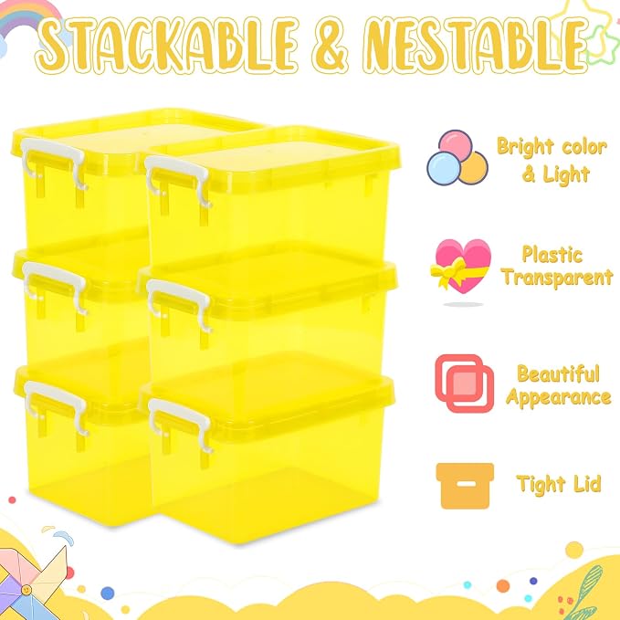 6 Pack 4 Quart Colorful Plastic Storage Bins with Lids Stackable Storage Bins with Latching Lids Handle Clear Colored Storage Organizer Bins for Home Office Pantry Containers(Yellow) - Image 3