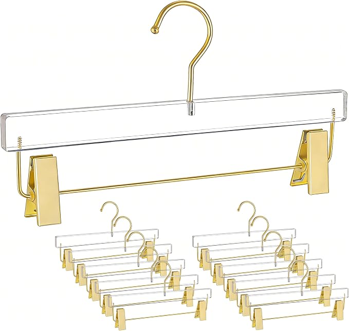 Acrylic Hangers,Clear Hangers with Gold Hooks,Luxurious Skirt Pants Hangers Gold Clips for Clothing Closet Storage 10 pcs by BESSER+HAUS