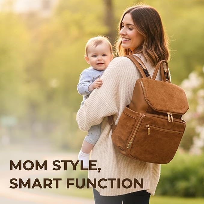 miss fong Diaper Bag Backpack Suede Baby Backpack with Changing Pad | 14Pockets Convertible Mommy Diaper Backpack for Mom Waterproof Wet Pocket,Insulated Pockets,Stroller Straps Luggage Sleeve - Image 2