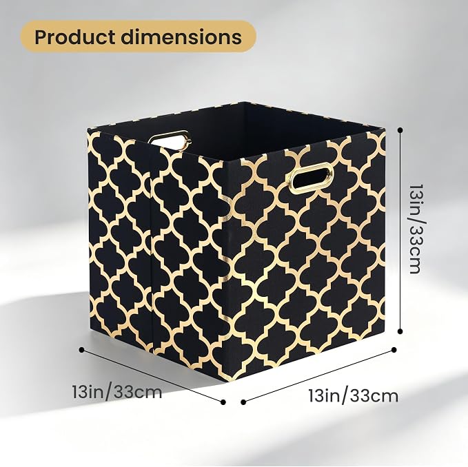Posprica 13x13x13 Storage Cube Bins, Collapsible Storage Bins Fabric Storage Cubes Organizer Baskets Box Drawers for Shelves, Closet, Wardrobe, Bookshelf, Cabinet,(Set of 4, Black/Gold lantern) - Image 2