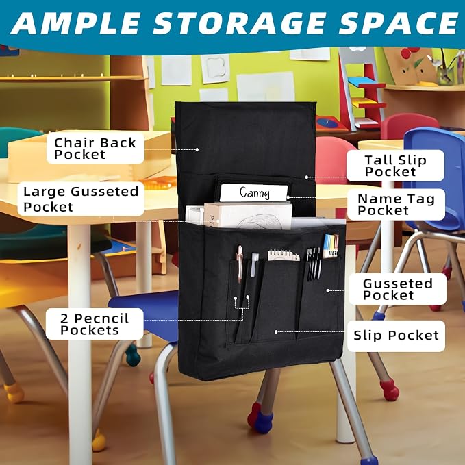 12 Pcs Classroom Chair Pockets, 14.5‘’ W x 18.5‘’ H Black Chair Pockets For Classroom, Seat Sacks for Classroom Chairs, Buddy Pocket, Chart Seat Back Organizer with Name Tag - Image 4