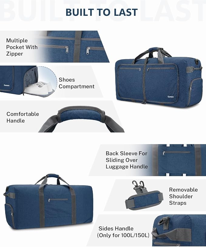 Gonex 100L Foldable Travel Duffle Bag with Shoe Compartment, Lightweight | 210D Nylon, Water-Repellent, Folds Compact, Multiple Pockets, Luggage Sleeve,Family Travel & Camping, Dark Blue - Image 5