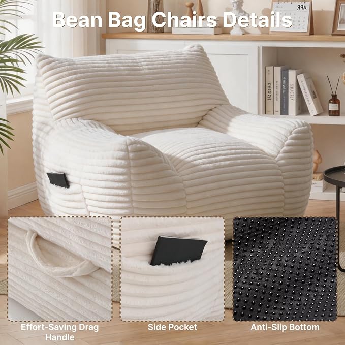 Bean Bag Chair for Adults & Kids, Giant Bean Bag Sofa with Side Pocket, Corduroy Beanbag Chair with Armrests, Comfy Stuffed Floor Sofa for Living Room Bedroom Dorm, White - Image 6