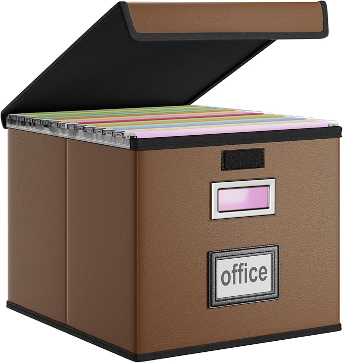 Foldable File Organizer Box with Lids (1 Pack, Brown, Leather) | File Box with Plastic Slides for Document, Filing Bin for Letter Size Hanging File Folders (1 Pack, Brown, Leather) by Huolewa