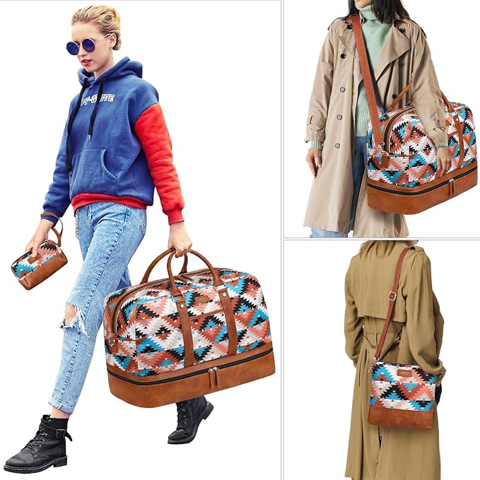 Weekender Bag for Women, Large Overnight Bag Canvas Travel Duffel Bag Carry On Tote with Shoe Compartment 21" 3Pcs Set - Image 6