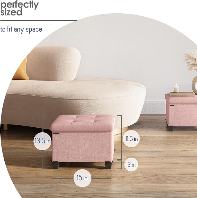 Storage Ottoman Cube with Small Bin, 16-in Square Ottoman with Storage for Living Room and Bedroom, Small Ottomans Foot Rest, Fabric Foot Stools Ottomans Max 330lbs, Pink - Image 8