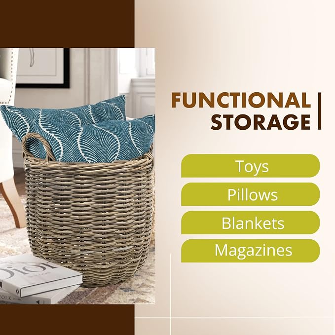 KOUBOO Rattan Kobo Round Storage Basket with Handles, Gray Brown, Large | Handwoven natural texture, sturdy shape-retaining design, convenient carry handles, versatile indoor organization - Image 2