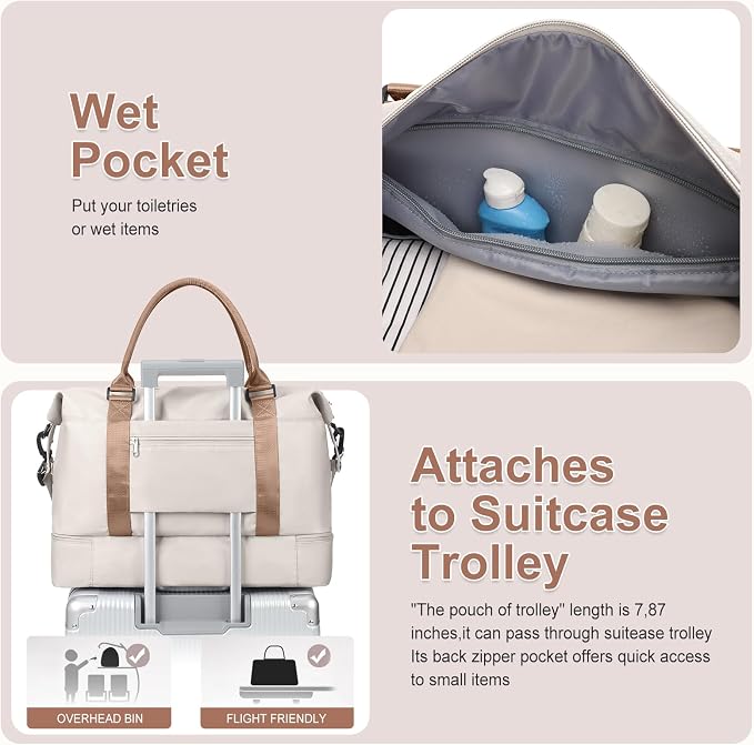 Large Weekender Bags for Women, Travel Duffel Bag with Shoe Compartment,Personal Item Travel Carry on Overnight Bag for Women Travel Set,Beige & Brown - Image 6