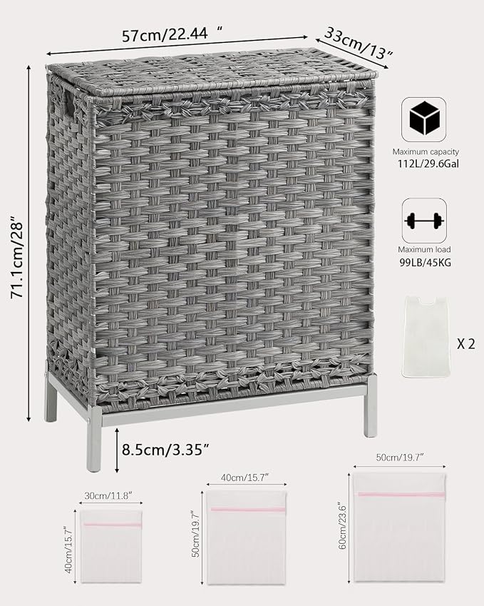 SETVSON Laundry Hamper with Lid, 112 L Handwoven PE Rattan Wicker, Gray | 2-Section Large Basket, 2 Removable Liner Bags, Heightened Metal Feet, 6 Mesh Laundry Bags, Foldable Side Handles - Image 5
