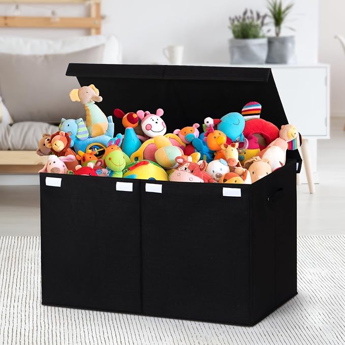 Large Toy Box Chest Storage with Flip-Top Lid, Kids Toy Storage Bin Boxes | Toy Chest with with Removable Divider for Kids, Boys, Girls, Nursery, Living Room, Bedroom, 26"x17" x17" (Linen Black) - Image 2