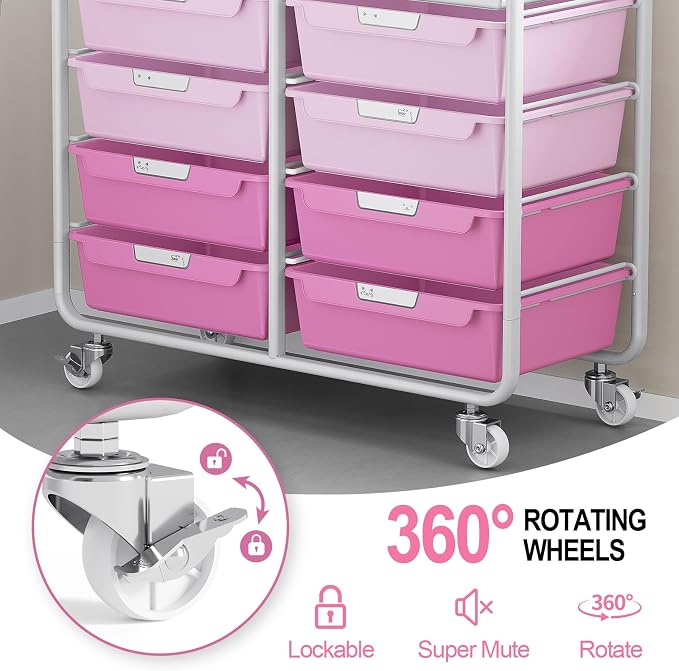 10 Drawers Rolling Cart with Wooden Tabletop, Utility Storage Cart with Wheels, Art Supply Craft Organizer on Wheel with Metal Frame & Handles for Home Office School,Pink | Easy Setup, Large Capacity, Sturdy Build, Lockable Mobility, For office, classr... - Image 6