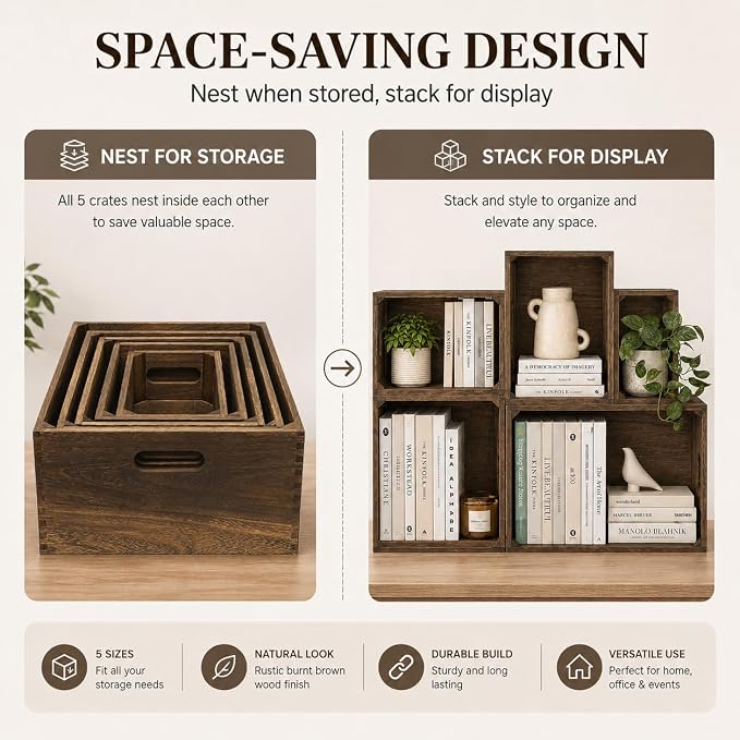5 Pack Wooden Crates for Display Nesting Wood Crate for Storage with Handle | Rustic Handmade Farmhouse Wooden Basket for Storage and Containe, 5 Size Multipurpose Wood Basket for Fruits Vegetables Boxes - Image 4
