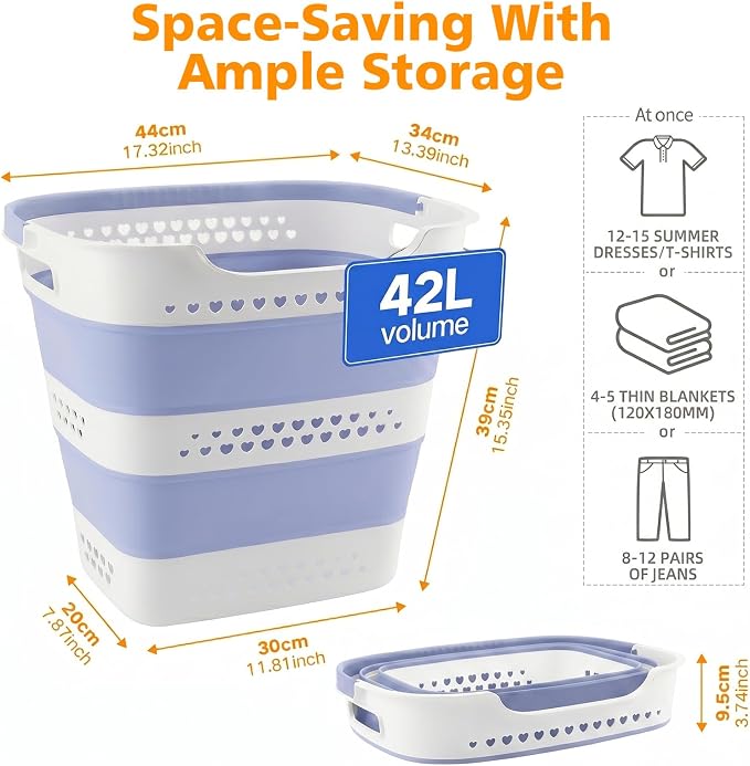 Collapsible Plastic Laundry Basket Hamper with Handles, Foldable Pop Up Storage Container Organizer for Washing Storage, Blue - Image 2
