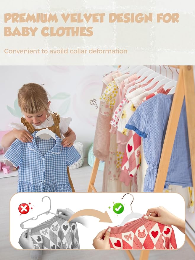 11.8" Premium Baby Velvet Hangers for Closet, 50 Pack, White | Durable Kids Felt Hangers, Non Slip and Space Saving with 360° Rose Gold Hooks for Infant and Toddler Clothes; Holds 10 lb - Image 5