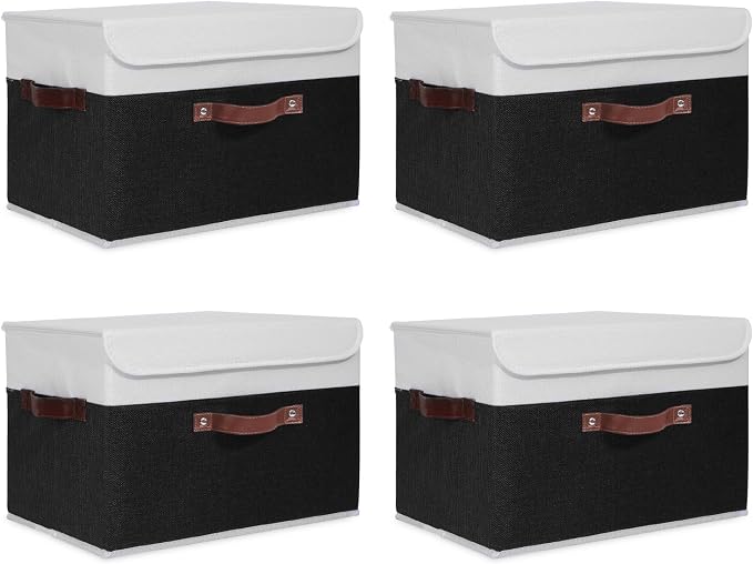 ANMINY Fabric Storage Box Bins with Lids, Black White, 15"x10"x10", 4 Pack | Keepsake Memory Storage, Cotton Linen, PP Board Reinforced, Washable, PU Handles, Foldable & Stackable, Decorative, Large by ANMINY