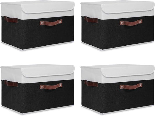 ANMINY Fabric Storage Box Bins with Lids, Black White, 15"x10"x10", 4 Pack | Keepsake Memory Storage, Cotton Linen, PP Board Reinforced, Washable, PU Handles, Foldable & Stackable, Decorative, Large by ANMINY