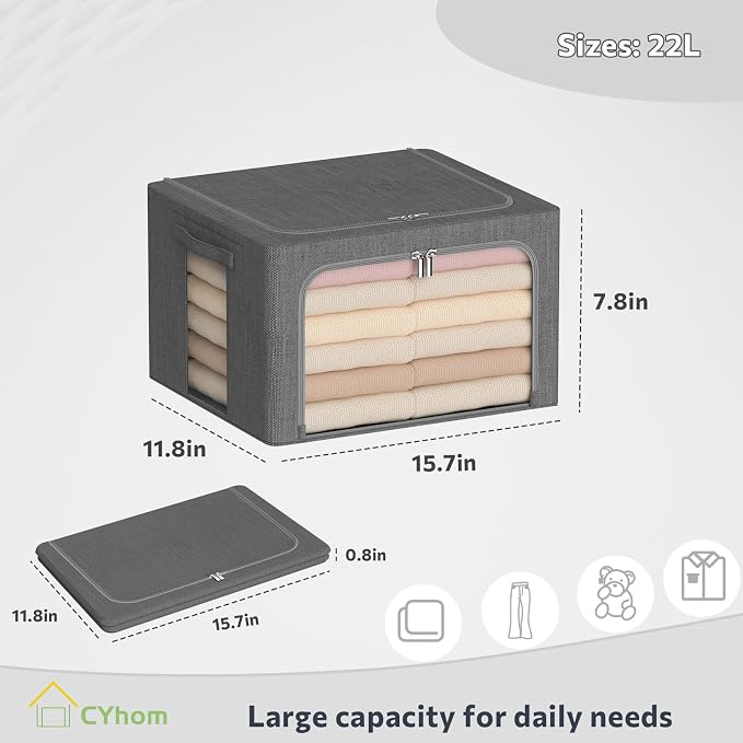 Clothes Storage Bins Box - Linen Fabric Foldable Stackable Container Organizer Set with Clear Window & Carry Handles & Metal Frame - 2Pack Large Capacity for Bedding, Blankets, Books - Image 6