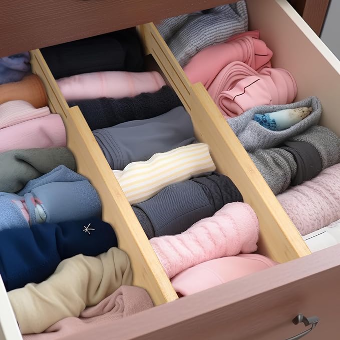 Fabsome Dresser Drawer Organizers 6 Pack, 4.65'' High Adjustable from 17-22‘’ Bamboo Drawer Dividers for Clothing Baby Clothes, Wooden Separators for Dresser Nursery Organization with Soft Foam Ends - Image 3