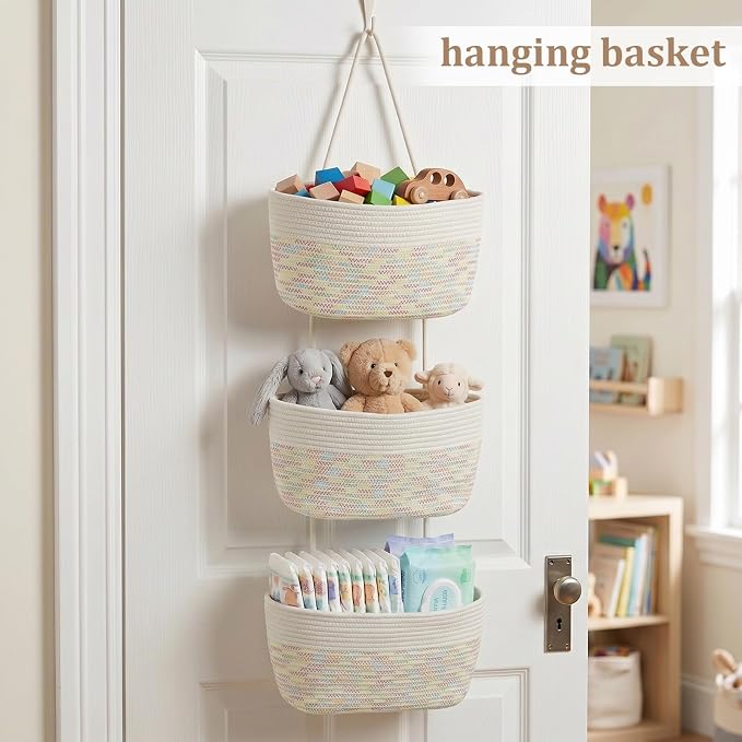 TeoKJ Over the Door Hanging Basket, 3-Tier Woven Cotton Wall-Mounted Storage Organizer Bag Decorative Hanging Nursery Baskets, White & Rainbow Stitching - Image 4