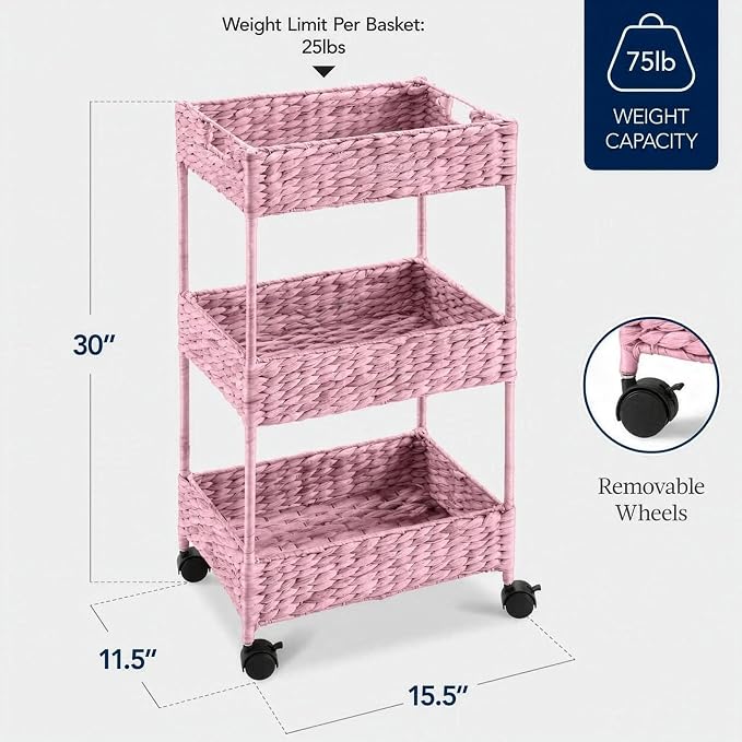 Best Choice Products 3-Tier Water Hyacinth Rolling Nursery Caddy w/Wheels, Utility Cart, Storage Organization for Bathroom, Craft Room, Laundry Room - Pink - Image 2