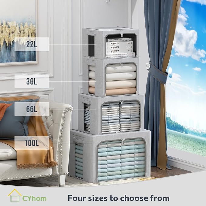 CYhom 3Pack Foldable Storage Bins - Frame Storage Box Linen Fabric Stackable Clothes Container Organizer with Clear Window & Carry Handles Large Capacity (Extra Large-100L, Light Grey) - Image 3
