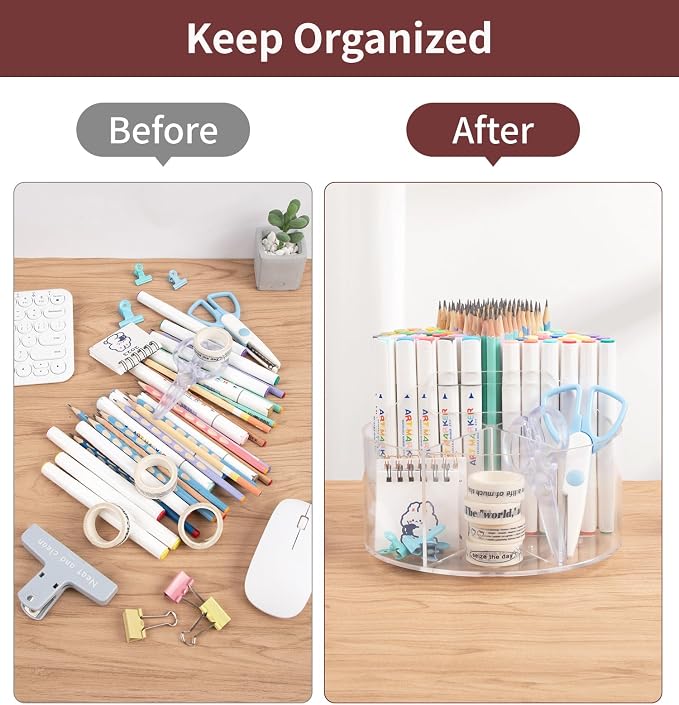 Acrylic Pen Holder Pencil Organizer, 360 Degree Rotating Pencil Holder for Desk, Marker Crayon Organizer for Kids Desk Organizer for Office School Home Art Supply Storage - Image 3