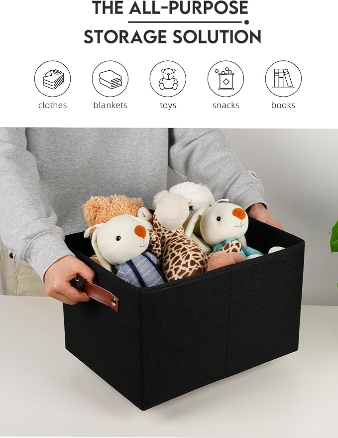 Fabric Storage Bins (15x11x9.5”) – Reinforced 2.5mm Cardboard Shelf Bins with PU Leather Handles – [6-Pack] Durable Storage Baskets for Closet Organization, Toy Organizer, & Home Office – Black - Image 7