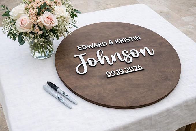 Personalized Round Guest Book Alternative Sign, Unique Guest Book Sign, Custom Alternative Guest Book, Wooden Guest Book, Wedding Ceremony Guestbook Sign (Design 12) - Image 3