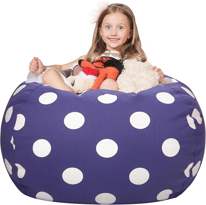 WEKAPO Stuffed Animal Storage Bean Bag Chair Cover for Kids | Stuffable Zipper Beanbag for Organizing Children Plush Toys Large Premium Cotton Canvas (Navy Dot, XX-Large) by Wekapo