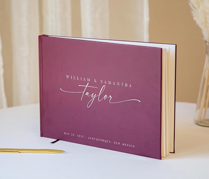 Personalized Guest Book - 11.5" x 8.5" Custom Bride & Groom Names with Bookmark and Hard Cover 140 GSM Blank Pages, for Weddings Guest Book, Engagements, Birthdays, Special Events, Wine - Image 6