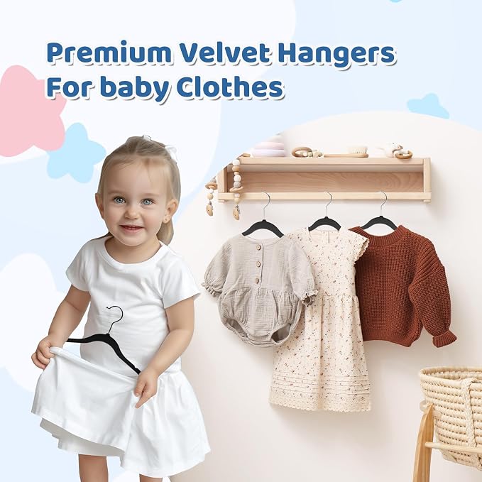 Premium 11 Inch Baby Hangers 50 Pack, Kids Velvet Hanger, Non Slip | Black Space Saving Felt Hangers Clothes Organizers for Closet with 360° Swivel Hook for Children, Infant & Toddler - Image 5