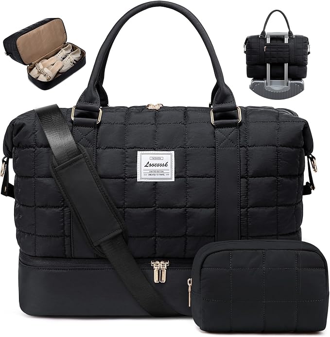 LOVEVOOK Travel Duffel Bag - Versatile Weekender Bag for Women, Puffer Carry On & Overnight Bag for Short Trips, Black by LOVEVOOK