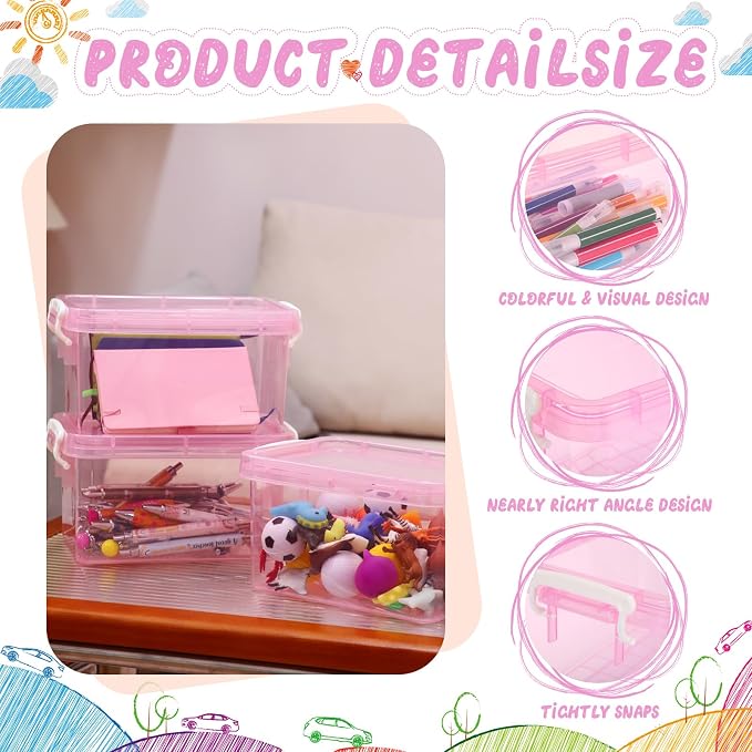 6 Pack Colorful Plastic Storage Bins with Lids 4 Quart Small Storage Latch Box Stackable and Nestable Clear Organizer Bins with Latching Handle and Buckle for Organizing(Pink) - Image 3