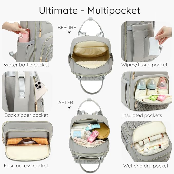 AIJIEKE Diaper Bag Backpack, Large Multi-functional Diaper Backpack, Gray | Waterproof lightweight baby backpack. With changing pad, stroller straps, insulated & wet/dry pockets. Mom & dad essential - Image 2