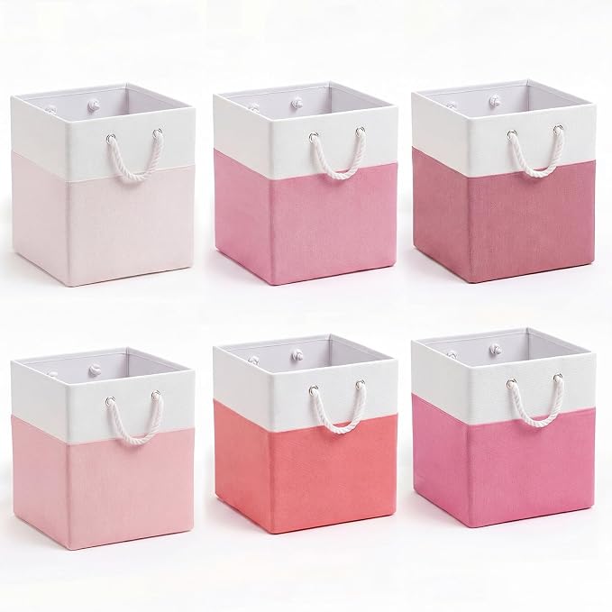 6 Pack 13x13 Inch Cube Storage Bins Fabric Square Cube Baskets, Light Pink | Light Pink Foldable Fabric Organizer with Handles, Home Closet Bin for Shelves, Durable Cube Baskets Bulk for Home Storage by Geiserailie