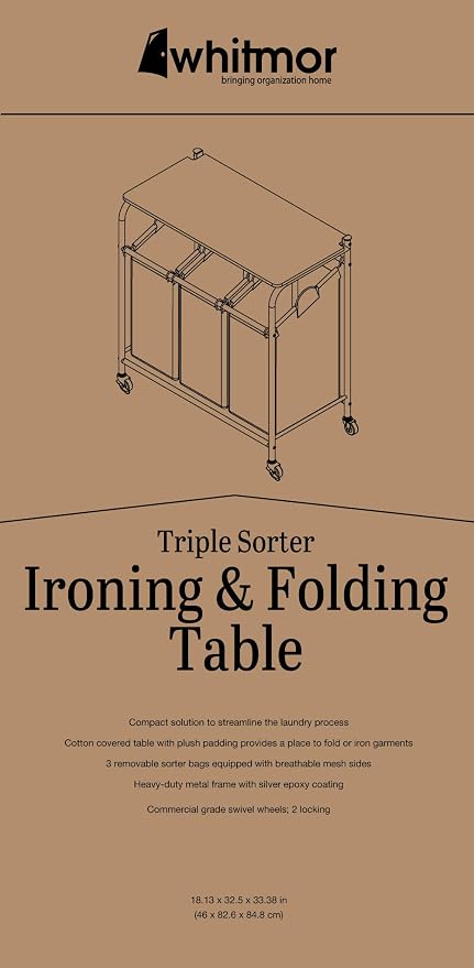 Whitmor 3 Section Rolling Laundry Sorter with Folding Station - Ironing Board, Chrome / Gray - Image 6