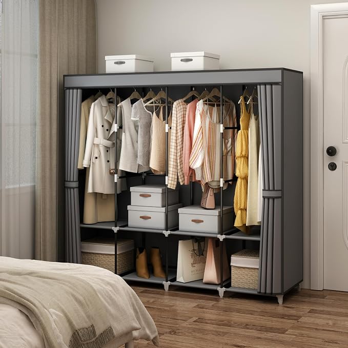 67" Portable Wardrobe Closet for Hanging Clothes, 8 Shelves 4 Rods & Cover | Non-woven Fabric Cover, 4 Clothes Hanging Rods, 8 Storage Shelves, Grey - Image 2