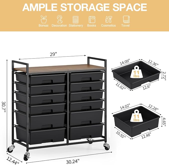 TOOLF 12 Drawers Rolling Storage Cart with Wooden Top for Classroom, Black | Teacher Cart Craft Art Supply Organizer, Utility Cart with Lockable Wheels for Home Household Essentials, Office Organization - Image 3
