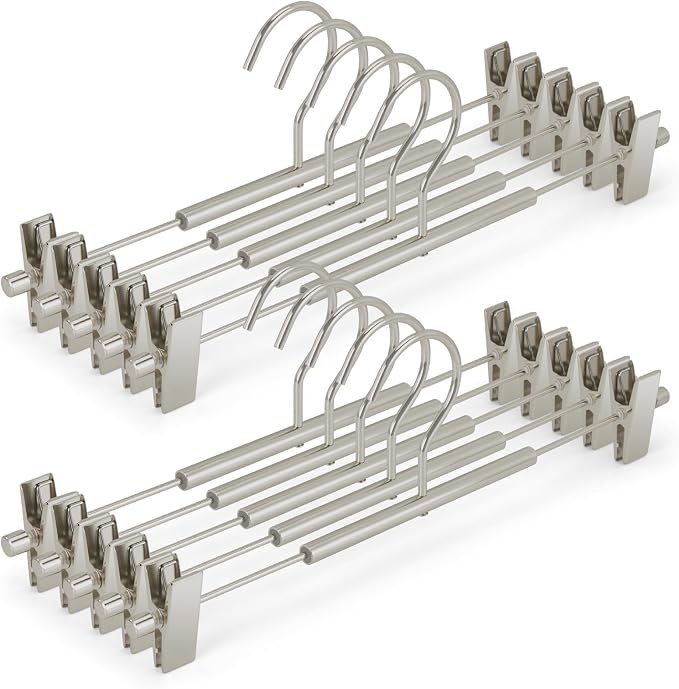 VWV 10 Pack Pants Hangers with Clips, 12.4 Inch Aluminum Skirt Hangers with 360° Swivel Hooks, Heavy Duty Space Saving Closet Hangers for Jeans, Slacks, Shorts (Matte Pearl Nickel) by Designedforluxuryhangers