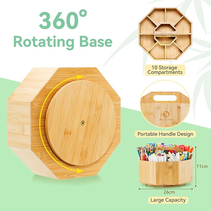 Ohuhu 360° Rotating Marker Organizer Holds 162 Honolulu & B Oahu Markers | 360-Degree Rotating Bamboo Desktop Storage Markers Pens Pencil Holder with 10 Compartments for Home Classroom Office Decor - Image 2