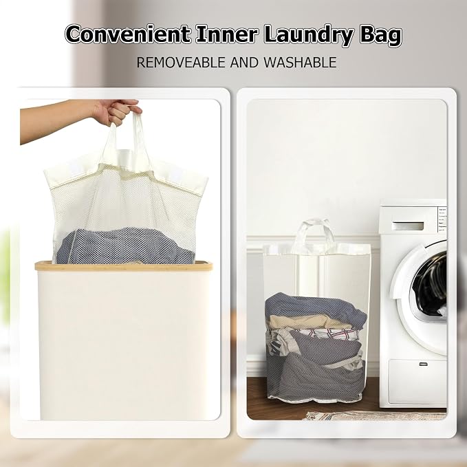 Slim Laundry Hamper with Lid, 60L Laundry Basket with Handles, Skinny Narrow Collapsible Dirty Clothes Hamper with Removable Laundry Bag for Bathroom Bedroom Dorm Clothes Toys Towels (Beige 1) - Image 5