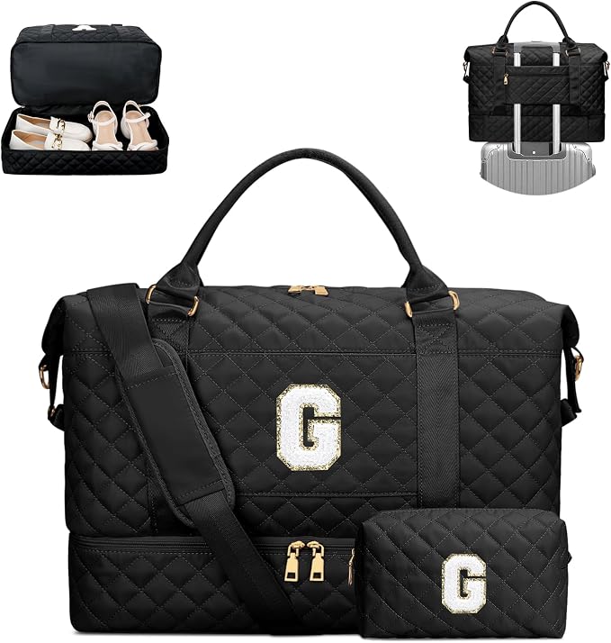 Teenager Girl Gift Initial Travel Duffle Bag for Women(Black,G) | Travel Gifts for Women-Overnight Bags with Toiletry Bag-Weekender Bags with Shoe Compartment for Travel by Unknown