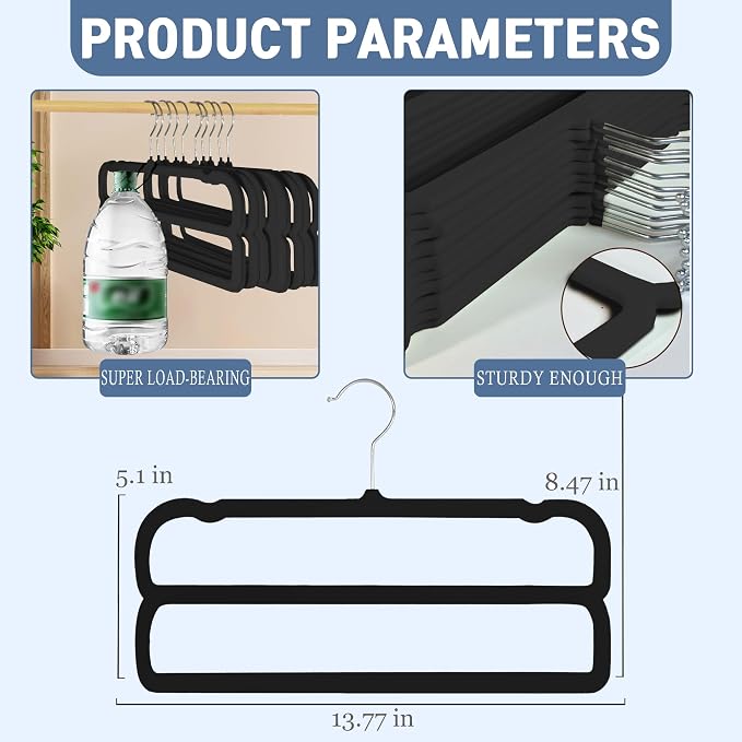 VSV stoage Velvet Pants Hangers with Double Non Slip Bar - Multiple Velvet Hangers for Closet - Thin Space Saving Clothes Hanger - 360° Swivel Felt Trouser Hanger Perchas Terciopelo 10 Pack (Black) - Image 2