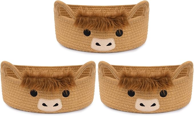 3 Pcs Oval Highland Cute Cow Basket for Nursery,Woven Rope Gift Basket | Soft Cotton Decorative Storage for Gifts Empty, Baby Shower Blanket 0rganizer Shelves Towel Bins, 12" D x 5" H by Hkojewp