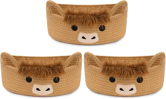 3 Pcs Oval Highland Cute Cow Basket for Nursery,Woven Rope Gift Basket | Soft Cotton Decorative Storage for Gifts Empty, Baby Shower Blanket 0rganizer Shelves Towel Bins, 12" D x 5" H by Hkojewp
