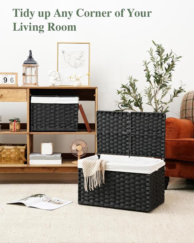 SETVSON Storage Basket with Lid PE Rattan Woven Storage Bins, 65L Black | 65L Storage Bin with 2 Separate Lids, 2 Removable Liner Bags with Divider, Sturdy Metal Frame, Foldable Side Handles - Image 5