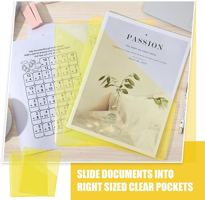 Seajan 48 Pcs Binder Pocket Folders, Clear 3 Ring Binder, Yellow | Plastic Folders Sleeves with 2 Pockets, Poly Slash File Jackets, 3 Hole Punched Dividers for School, Office, Documents - Image 4